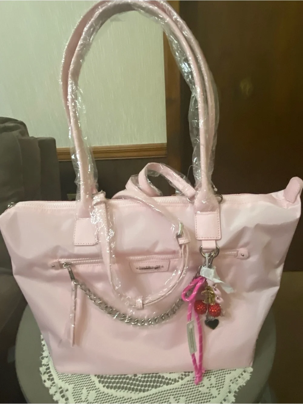 Madden Girl Pink Tote Bag with Charm Accent